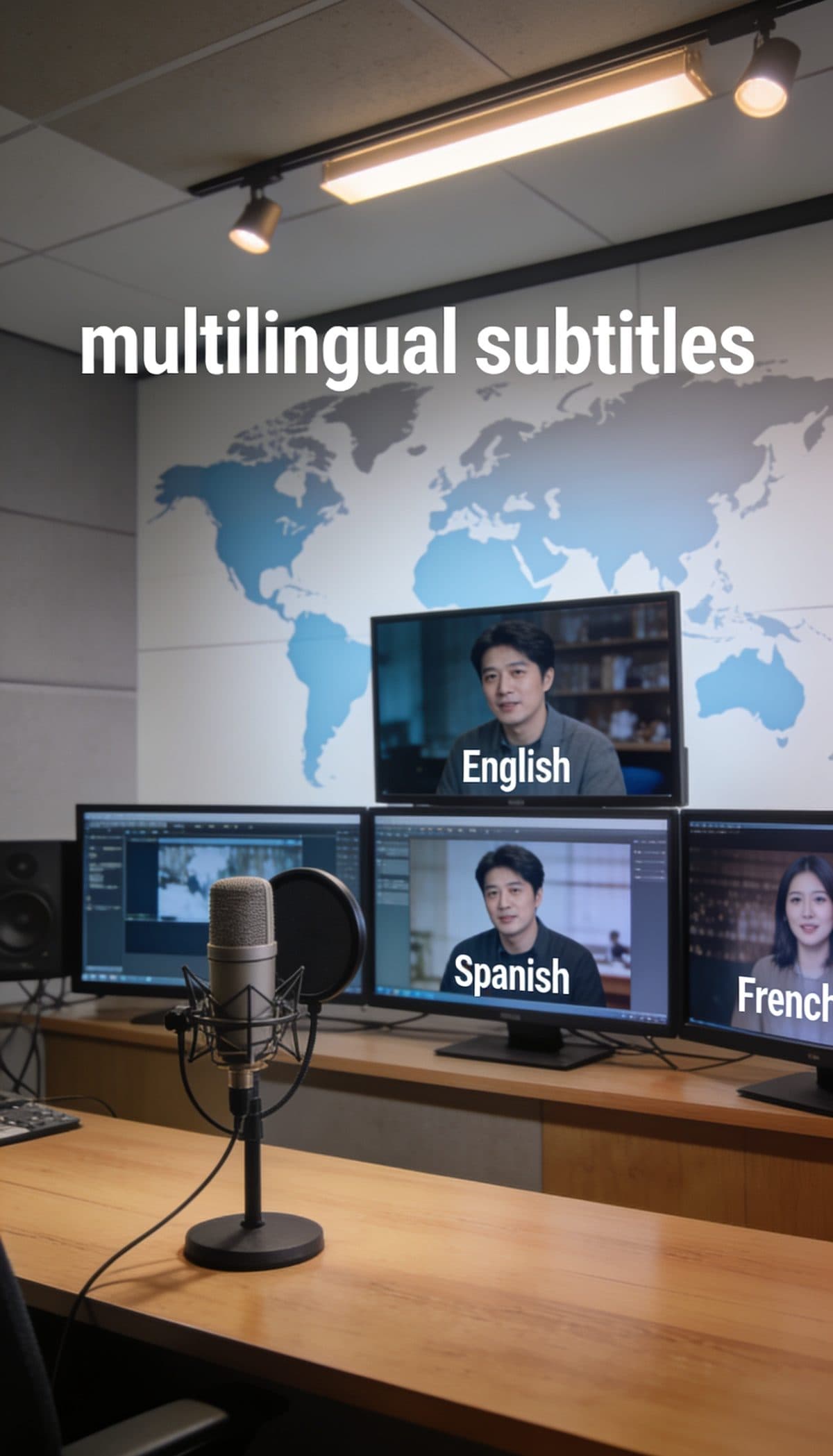 Studio screens showing a video localised into multiple languages